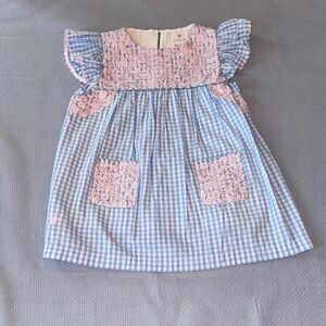 Smocked Blue Gingham Dress with Pink Lace Accents - Kids Formal